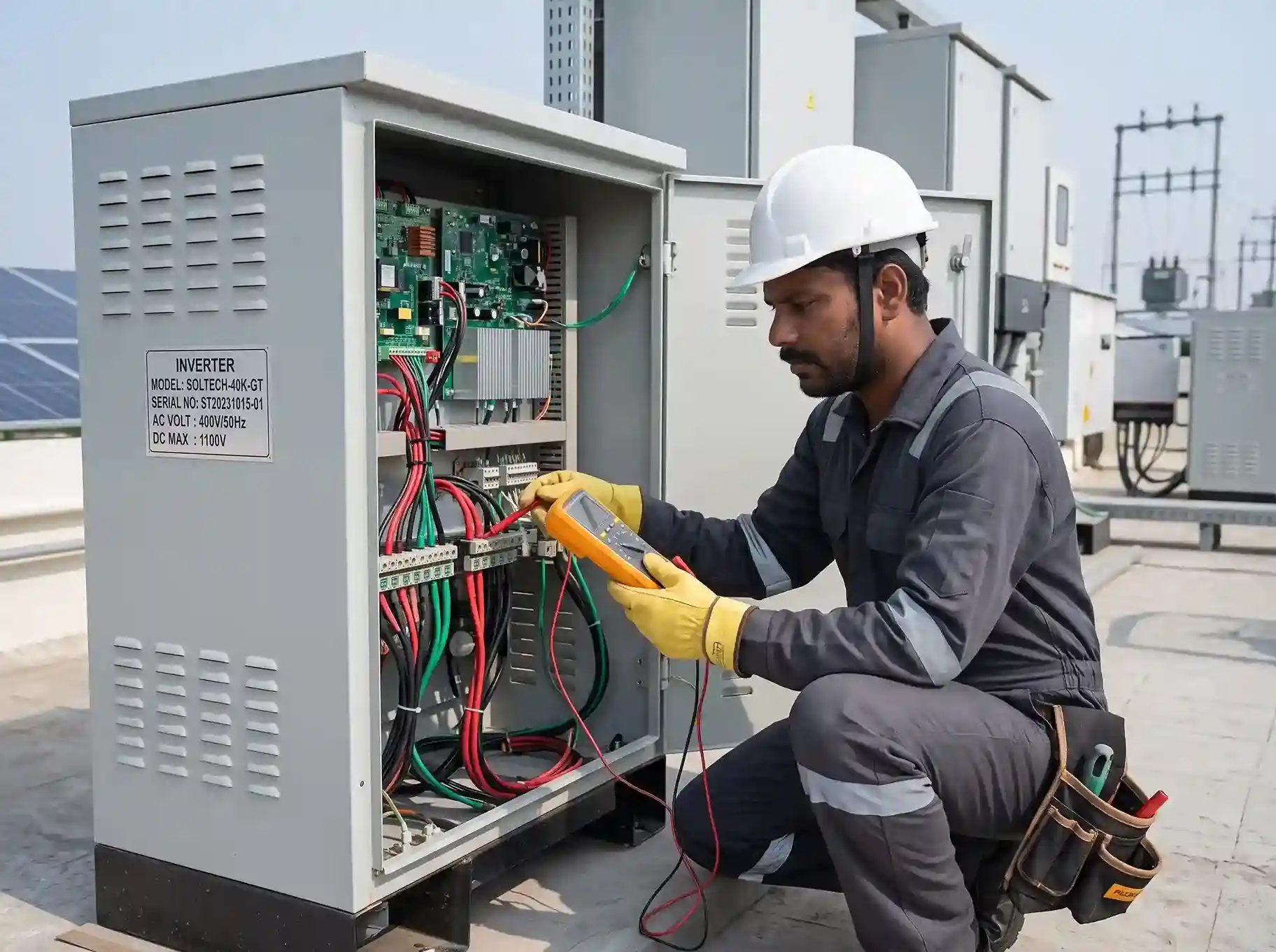 Certified solar technician diagnosing and repairing an on-grid solar inverter fault in Assam